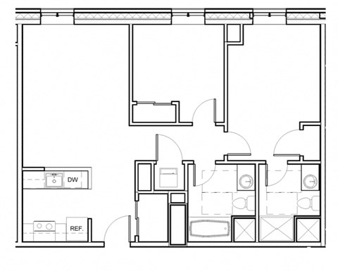 Floor plan for 2 beds, 2 baths, 858 sqft